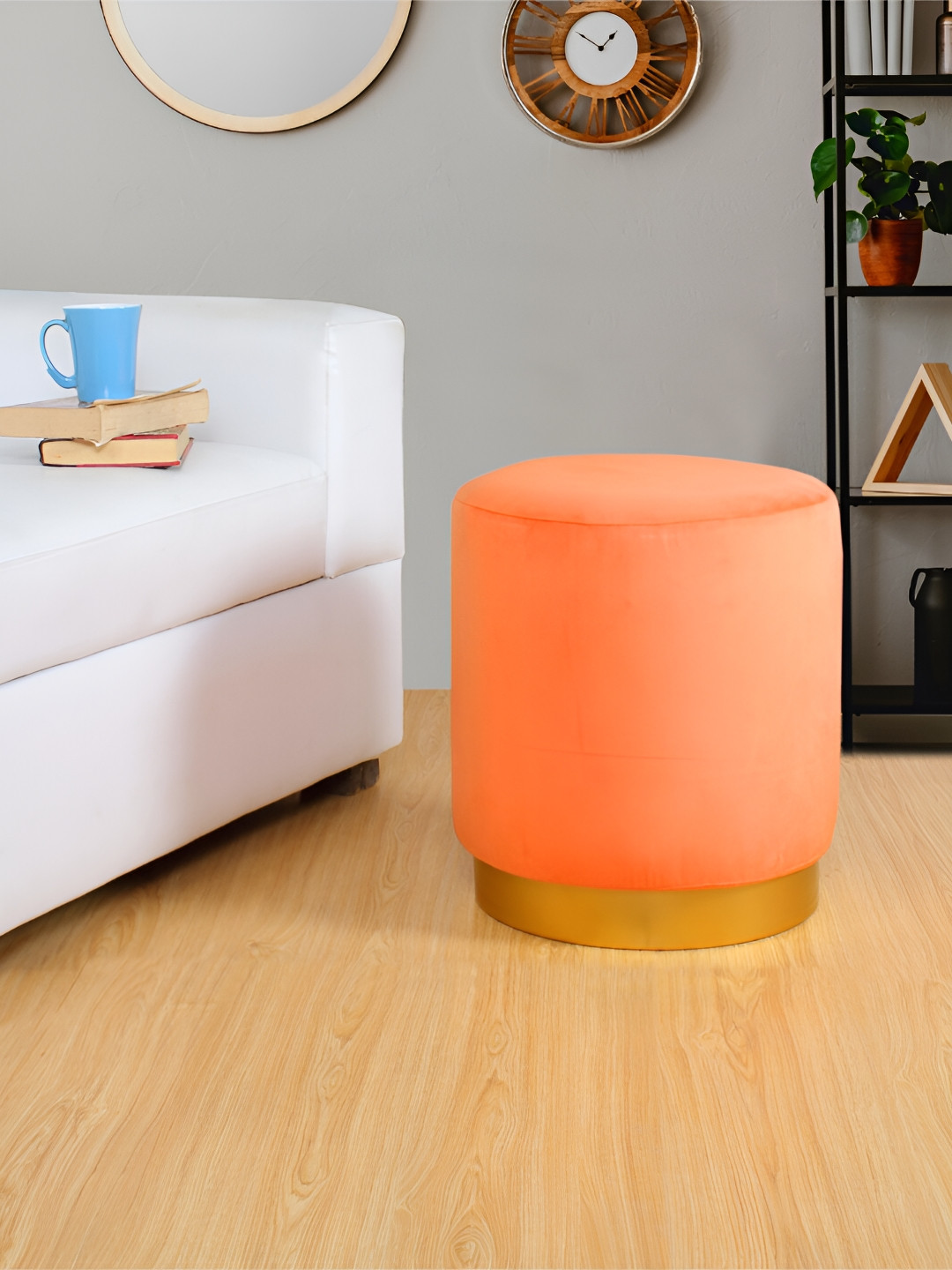 Shadowkart Orange Round Wood Ottoman