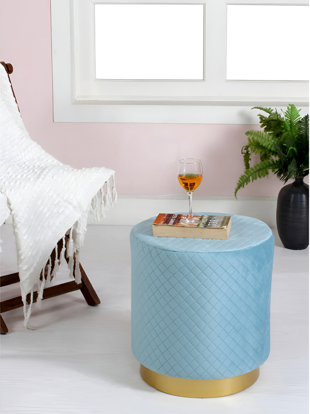 Shadowkart Blue Checked Wooden Sitting Mudda Puffies Ottomans