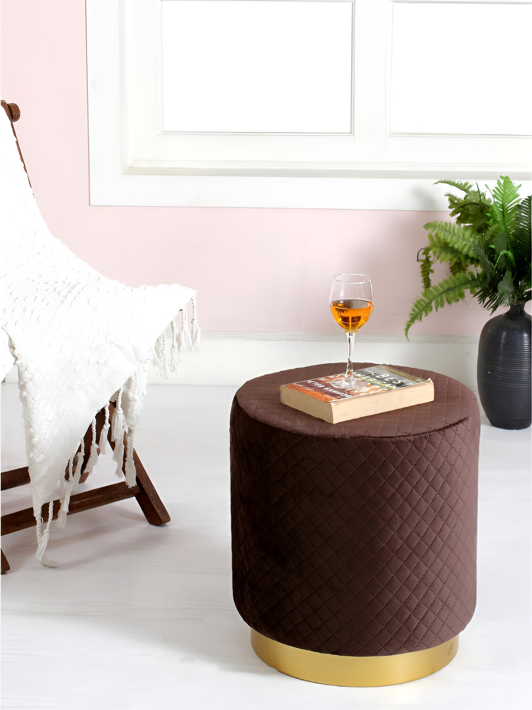 Shadowkart Coffee Brown & Beige Round Tufted Wooden Ottoman