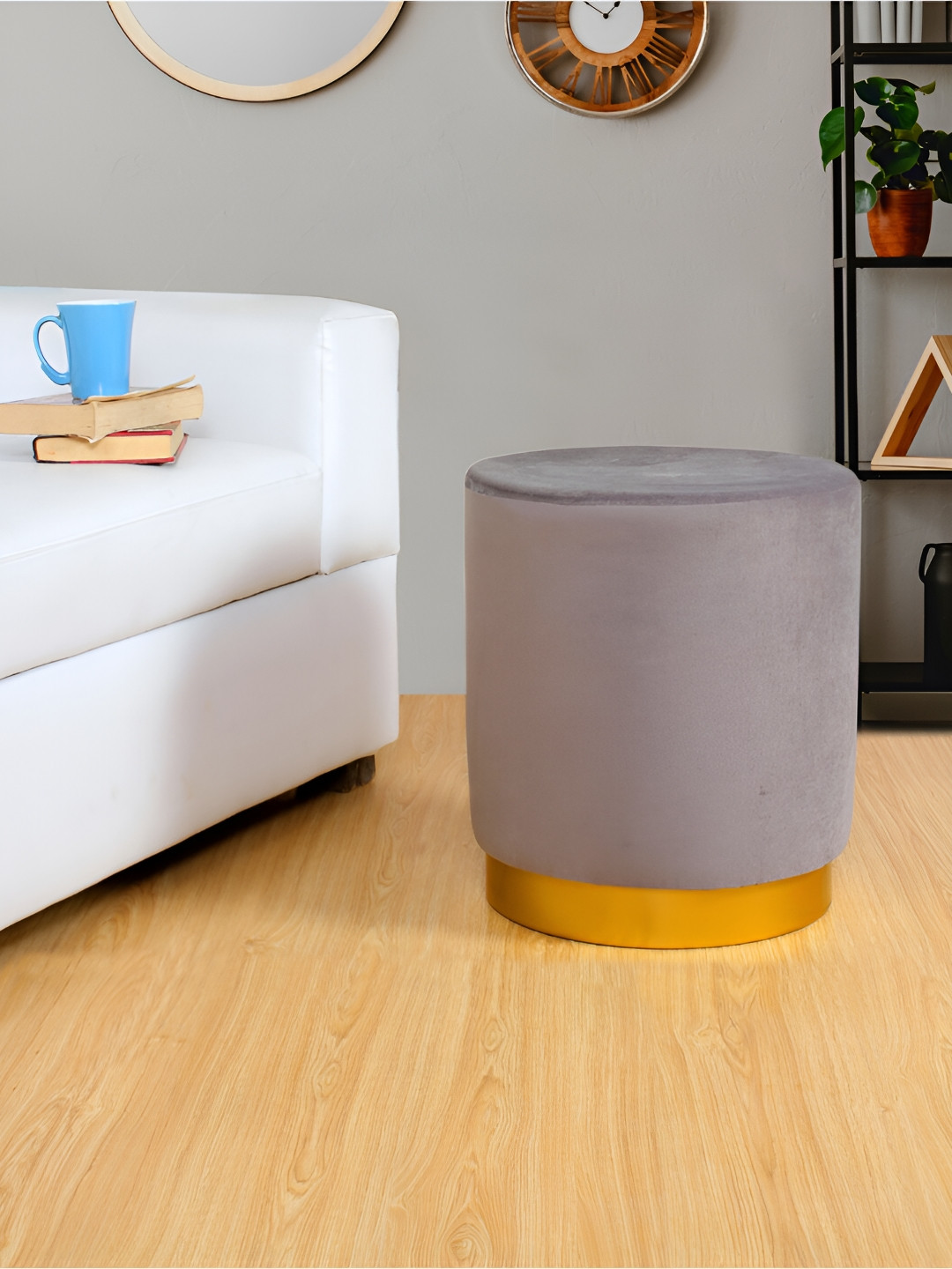 Shadowkart Grey Velvet & Wooden Ottoman