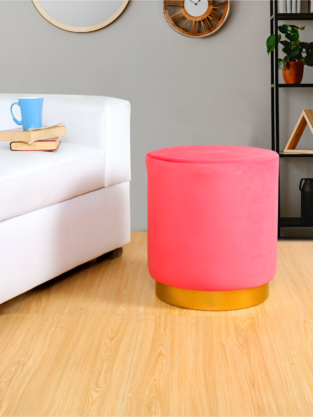 Shadowkart Pink & Beige Round Tufted Wooden Ottoman