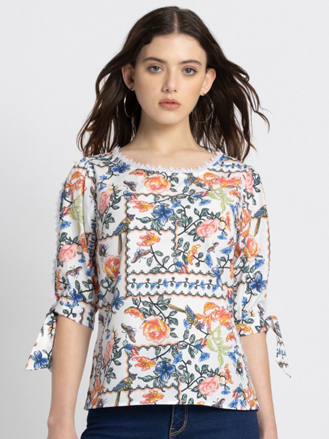 SHAYE Floral Printed Slit Sleeve Lace Inserts Crepe Top