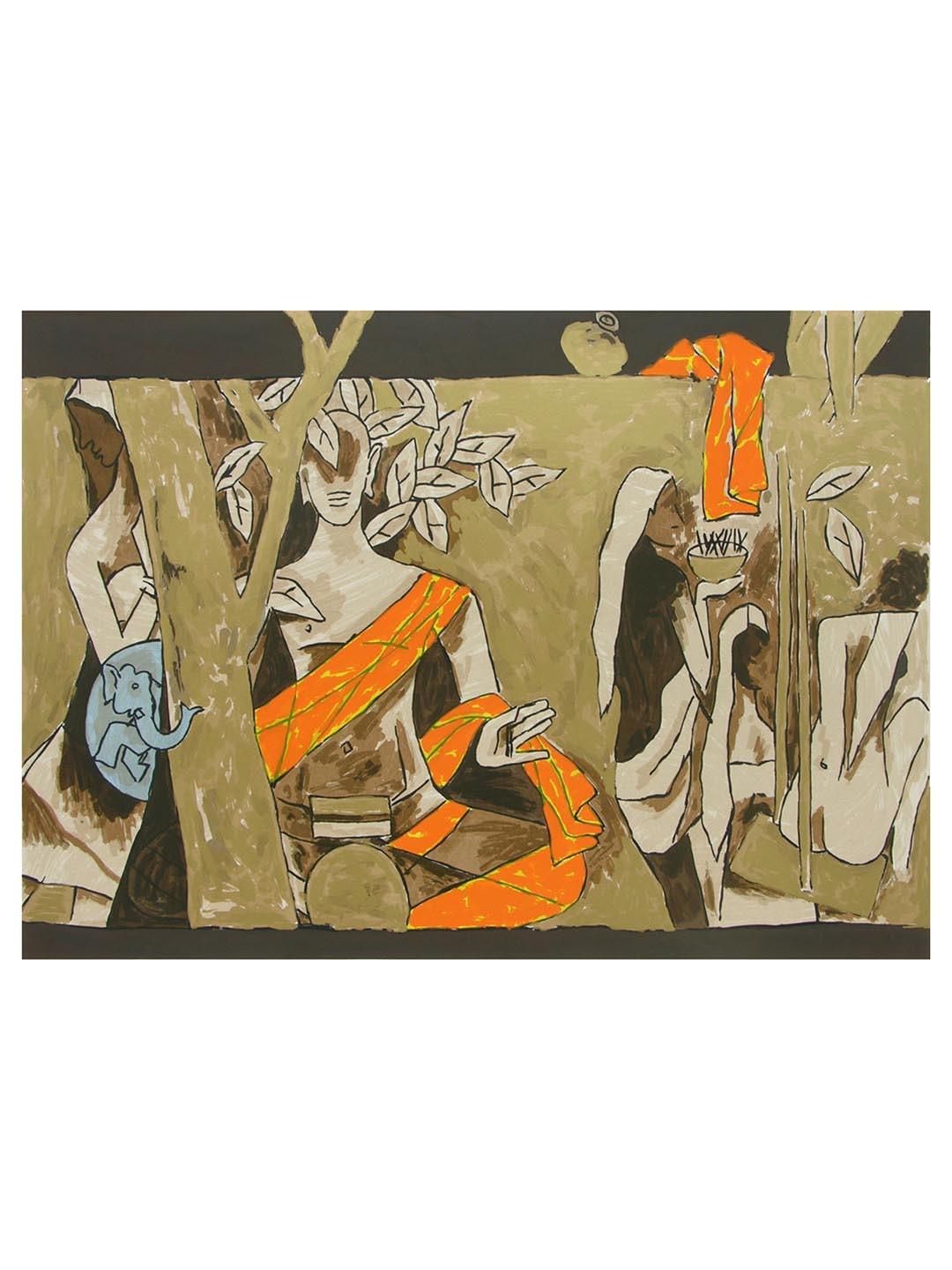 Adventures India Olive Green & Orange Wooden Painting Wall Art