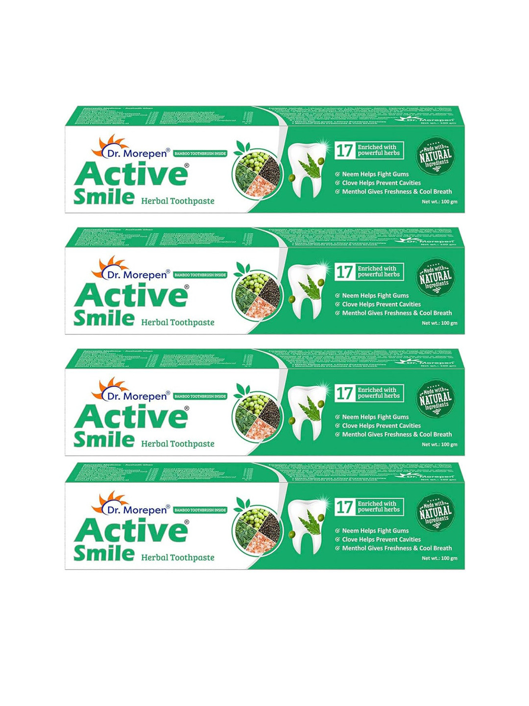 Dr. Morepen Set Of 4 Active Smile Herbal Toothpaste With Neem & Clove - 100g Each