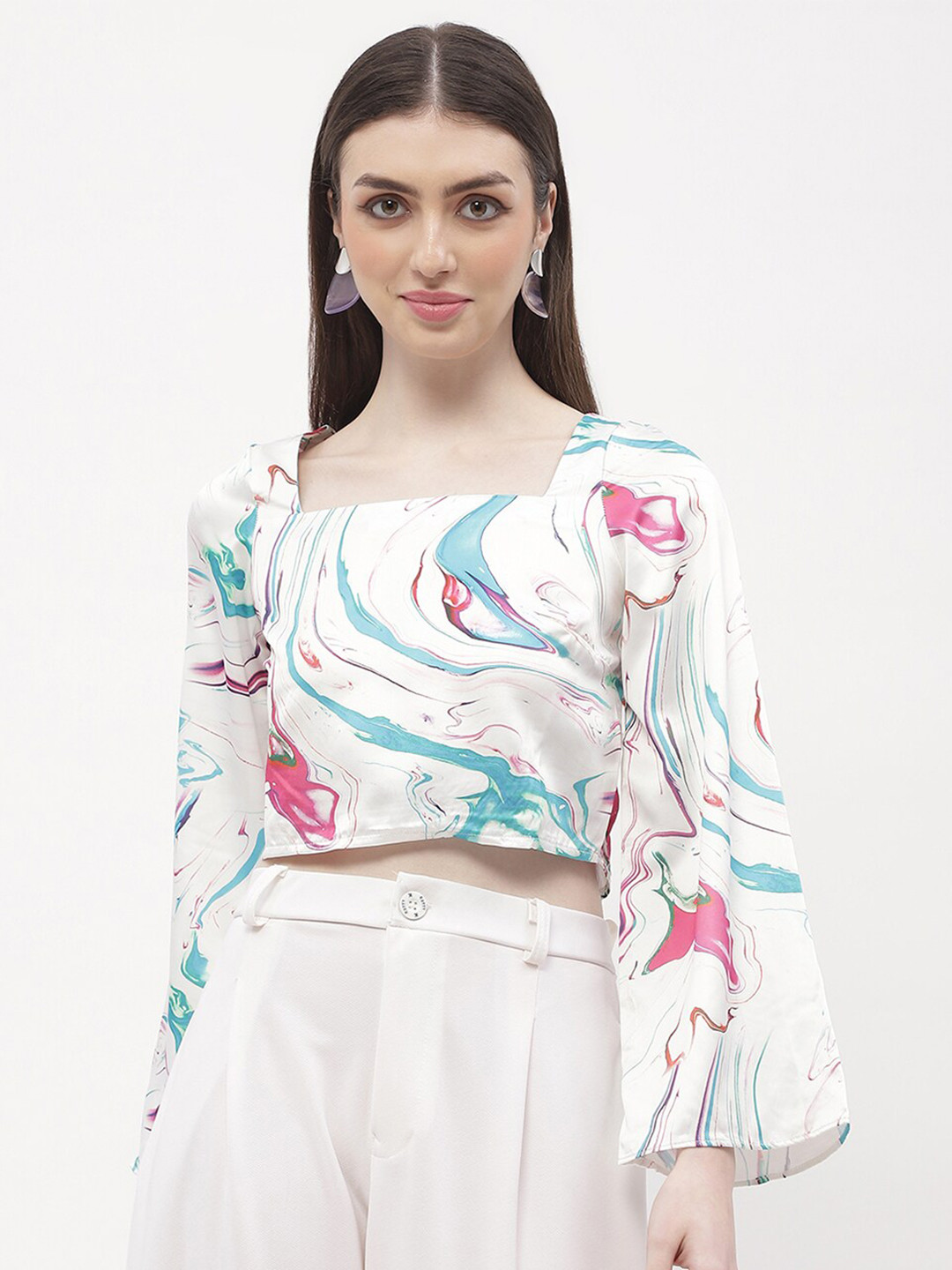 Madame Floral Printed Bell Sleeve Crop Top
