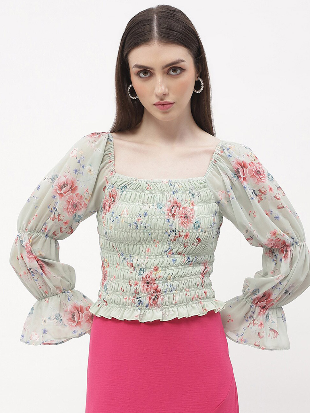Madame Floral Printed Square Neck Bell Sleeves Fitted Top