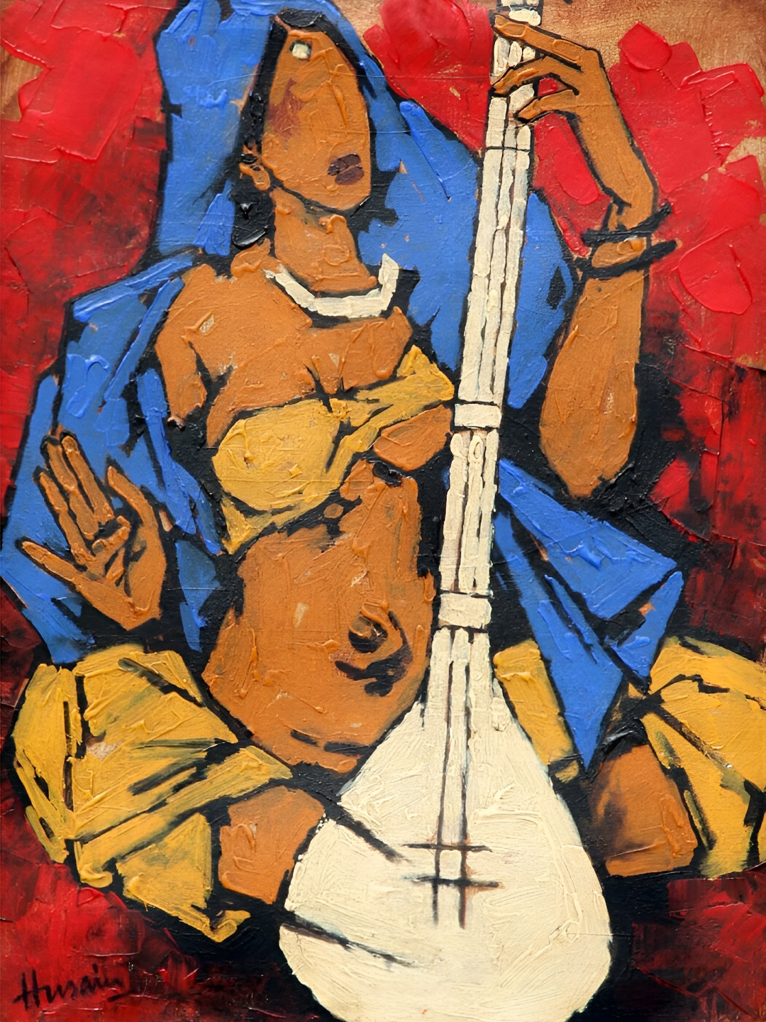 Adventures India Lady with Sitar Wood Wall Rectangle Paintings Wall Art 17.71 x 23.62 In