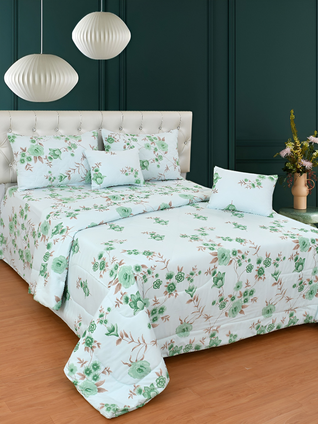 Nivasam Daffodil Teal Floral Cotton 400 TC King Superfine Bedsheet with 2 Pillow Covers-91 x 100 inches