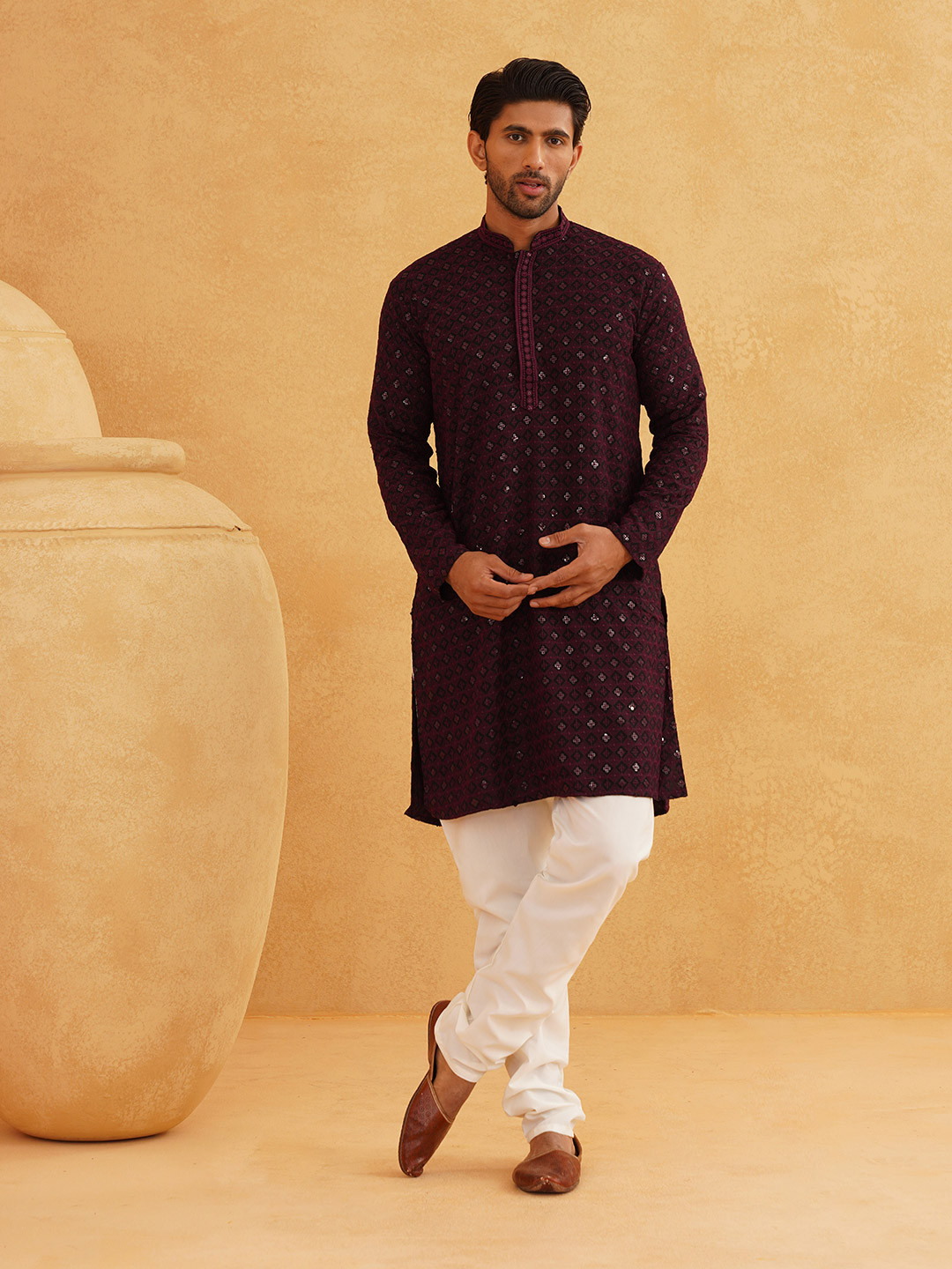 SOJANYA Geometric Embroidered Mandarin Collar Thread Work Pure Cotton Kurta with Churidar