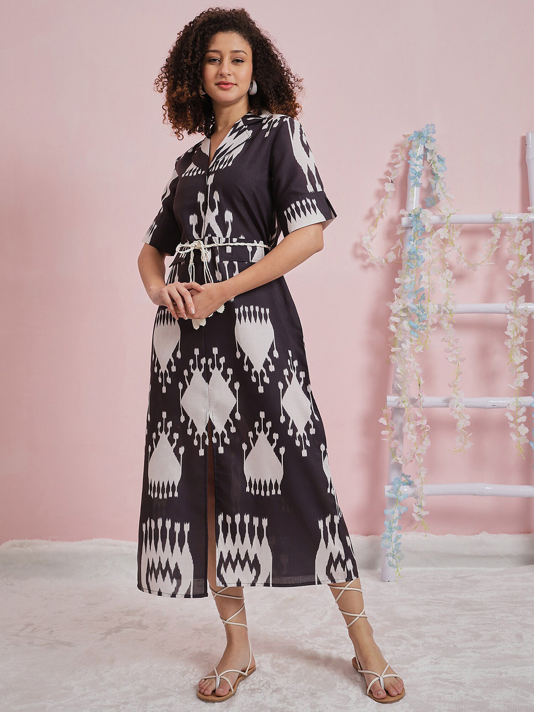 Athena Abstract Printed Tie-Up Neck Short Sleeves Linen A-Linen Midi Dress