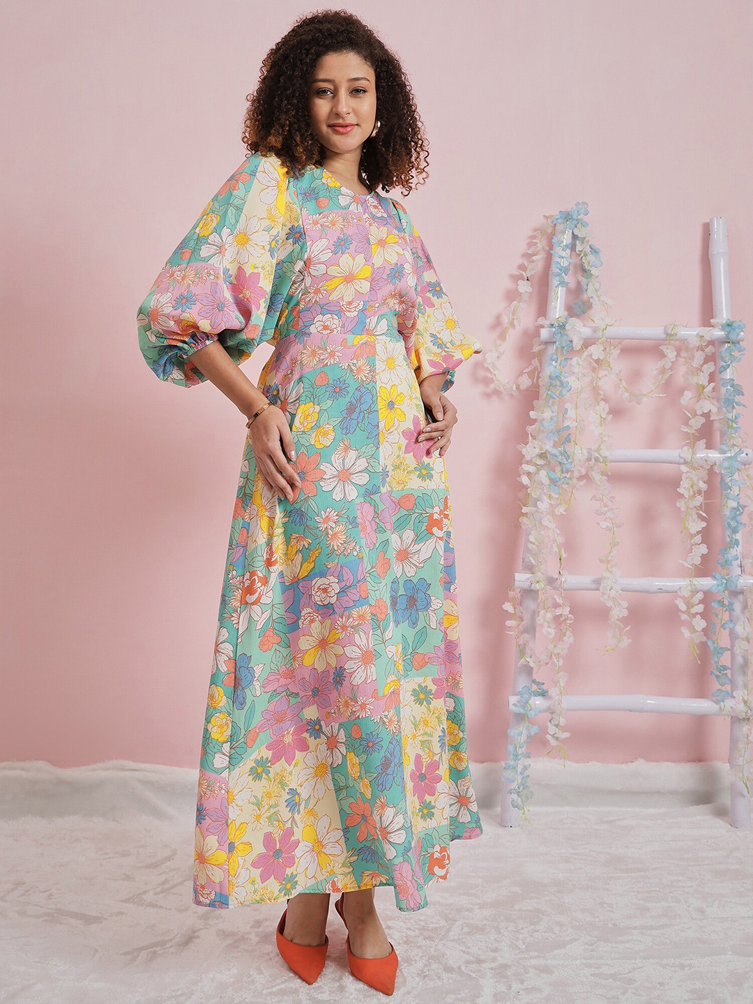 Athena Floral Printed Round Neck Three-Quarter Sleeves Flutter Sleeve Crepe Maxi Dress