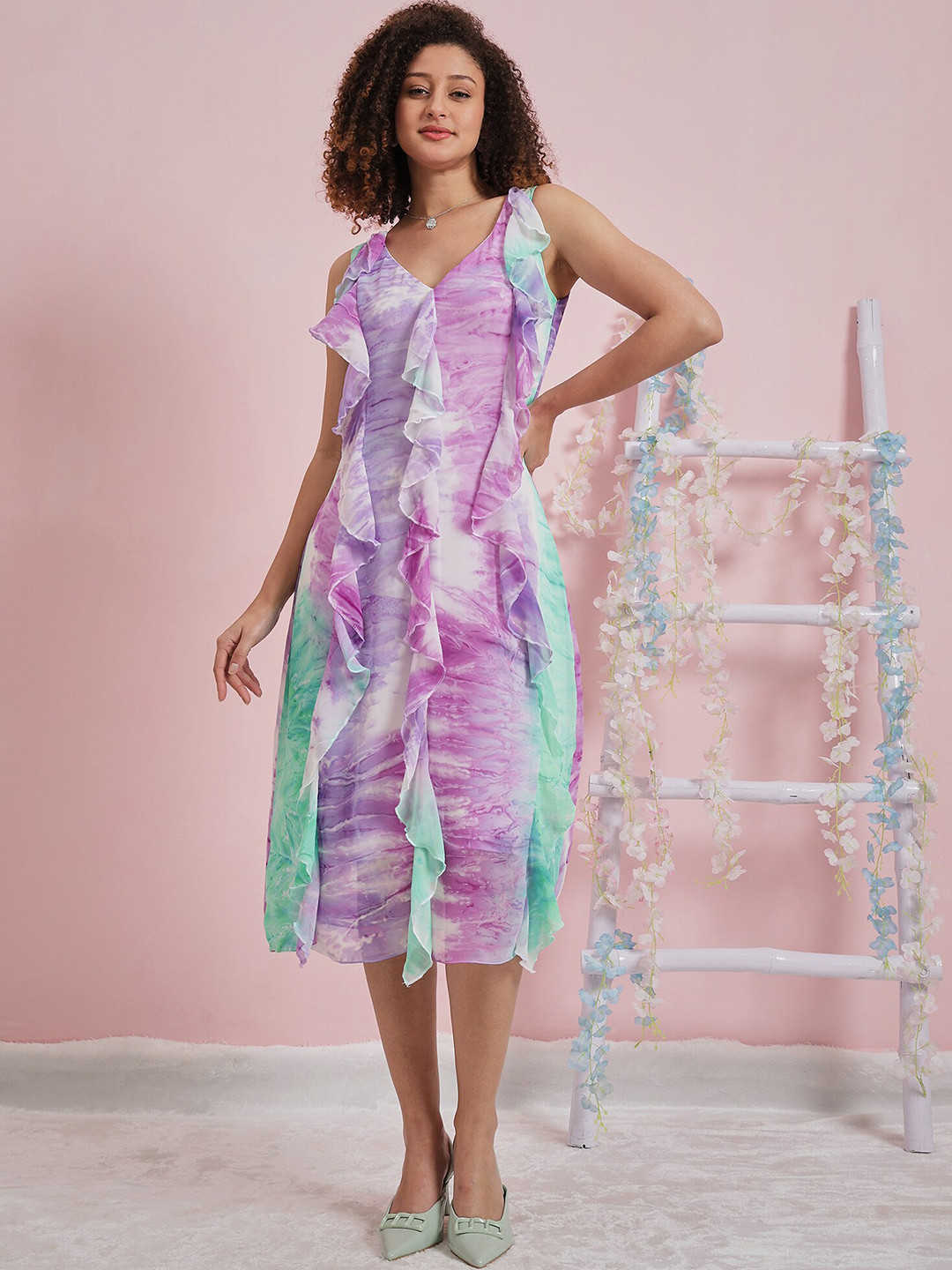 Athena Printed Ruffled Georgette A-Line Midi Dress