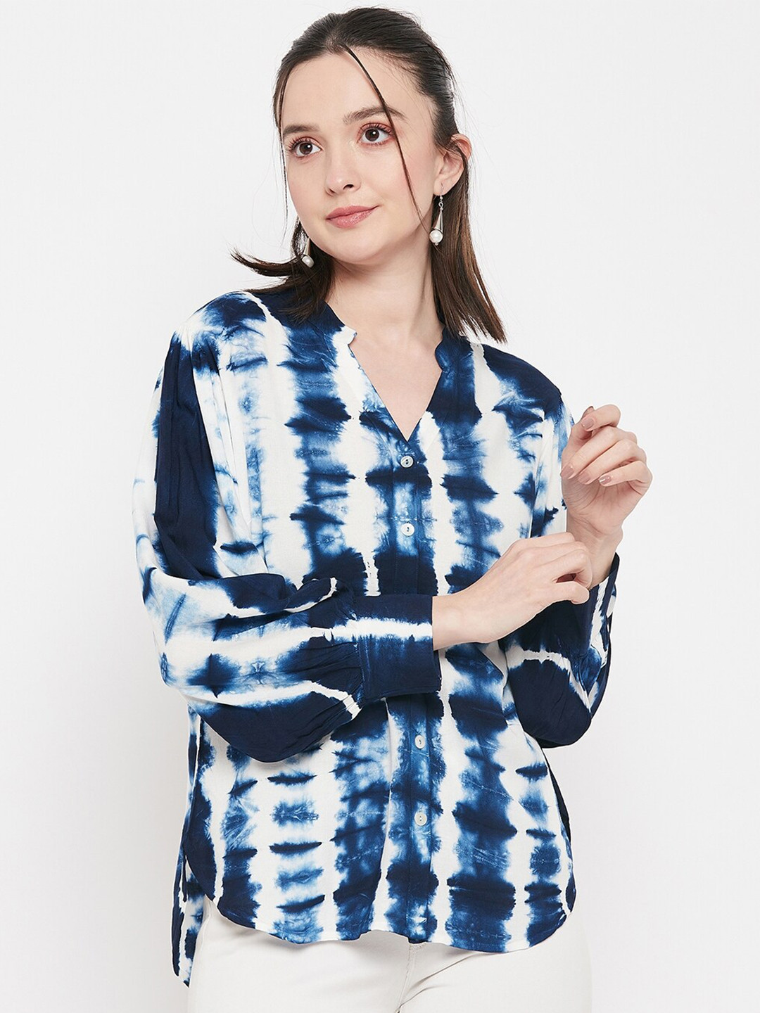 Ruhaans Classic Tie & Dye Print Mandarin Collar Casual Shirt