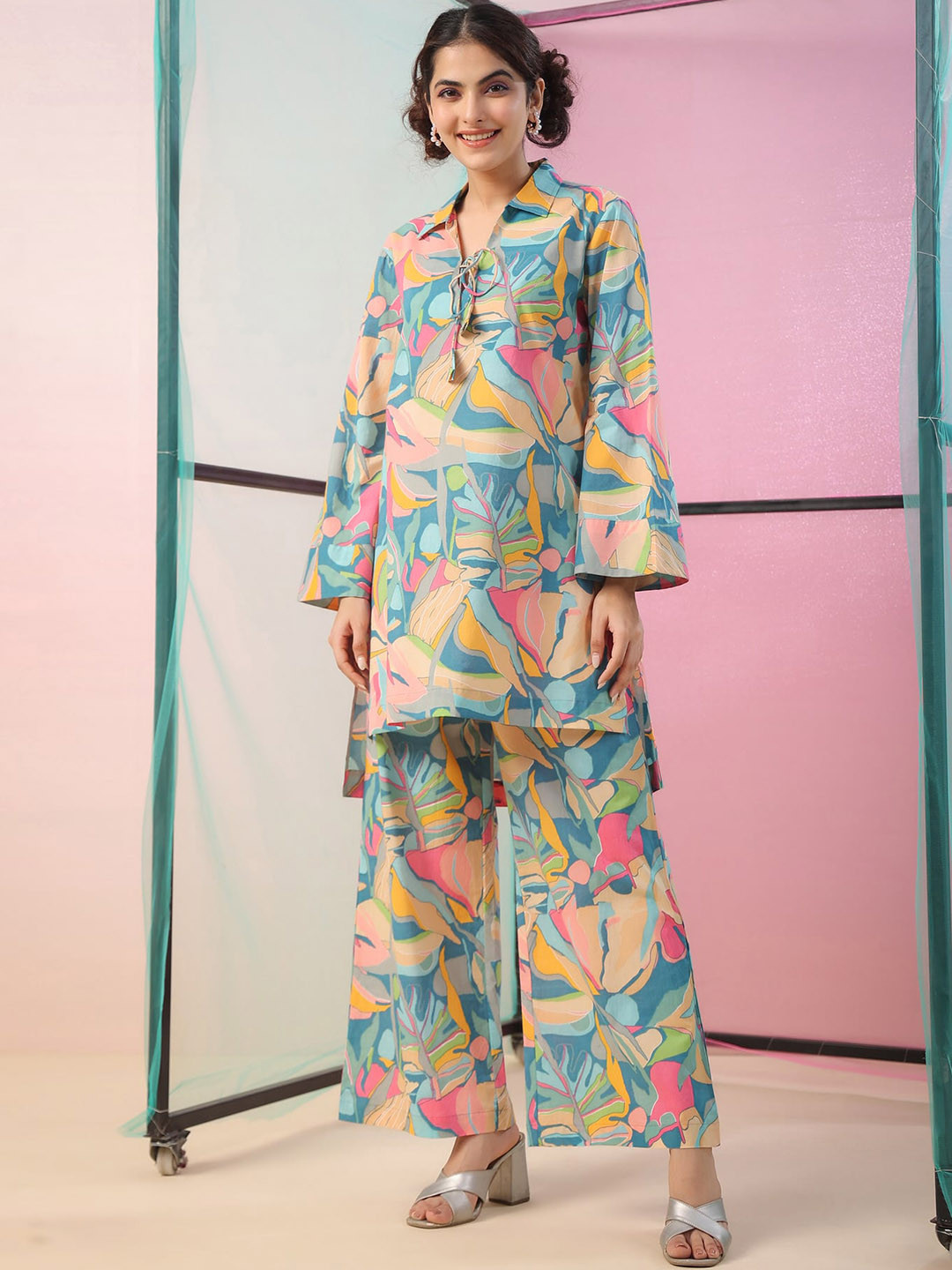 JISORA Blue Floral Printed Pure Cotton Tunic with Palazzos Co-Ord Set