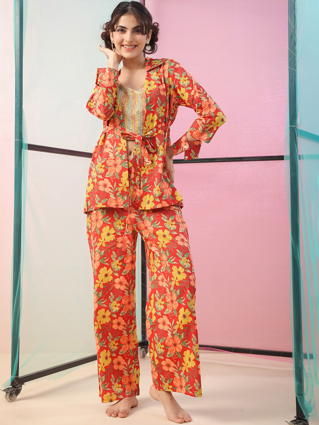 JISORA Red Floral Printed Night suit With Shug