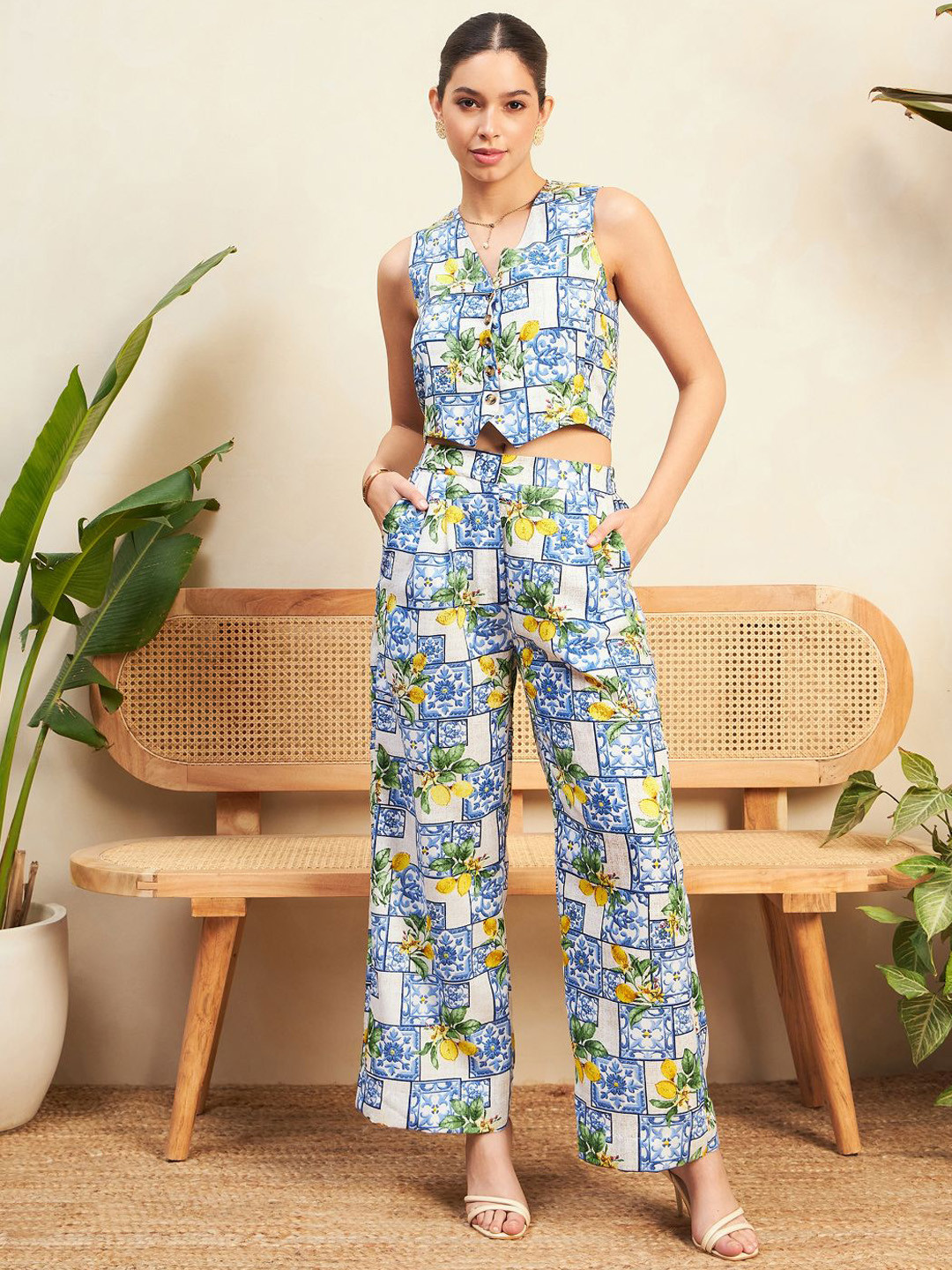 Uptownie Printed Linen 2 Piece Vest and Pants Set