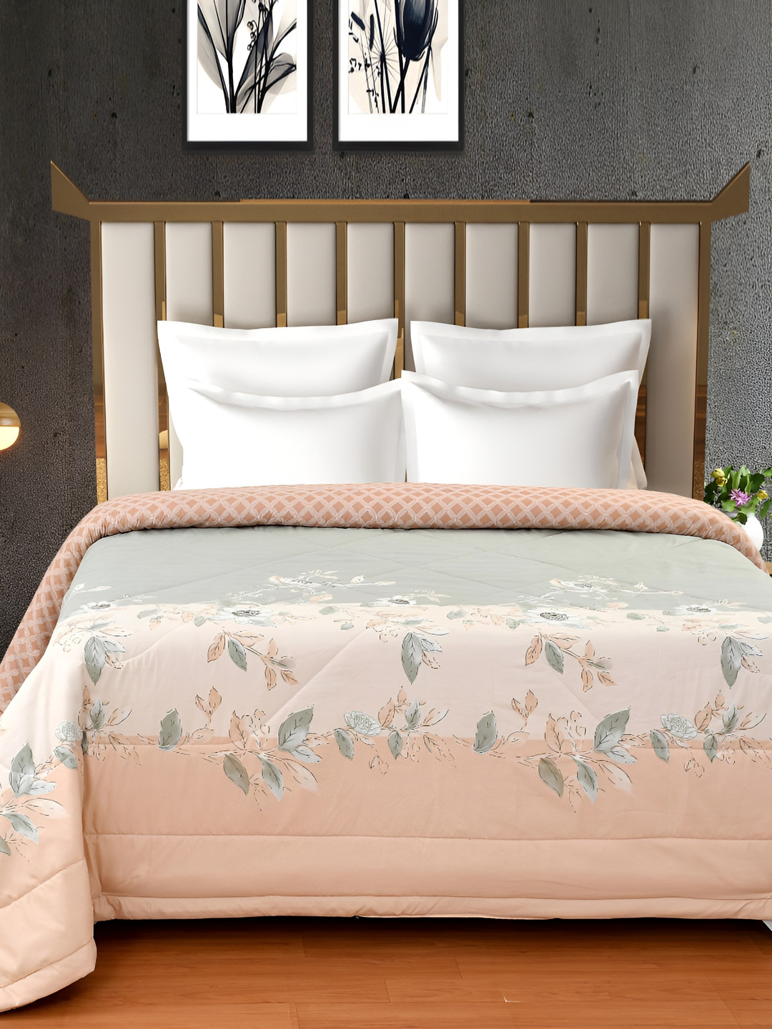 Florida Olive Green & Peach Printed Cotton Reversible AC Room 180 GSM Double Bed Comforter