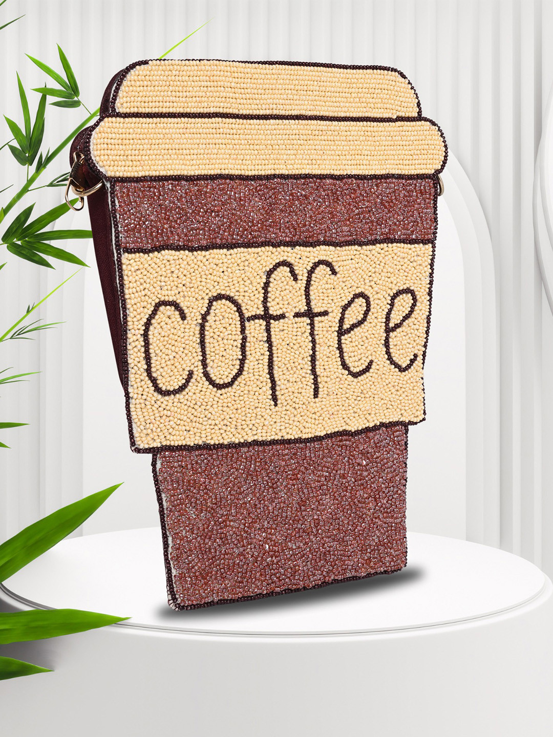 MARKQUES Coffee Handcrafted Beaded Embellished Sling Bag