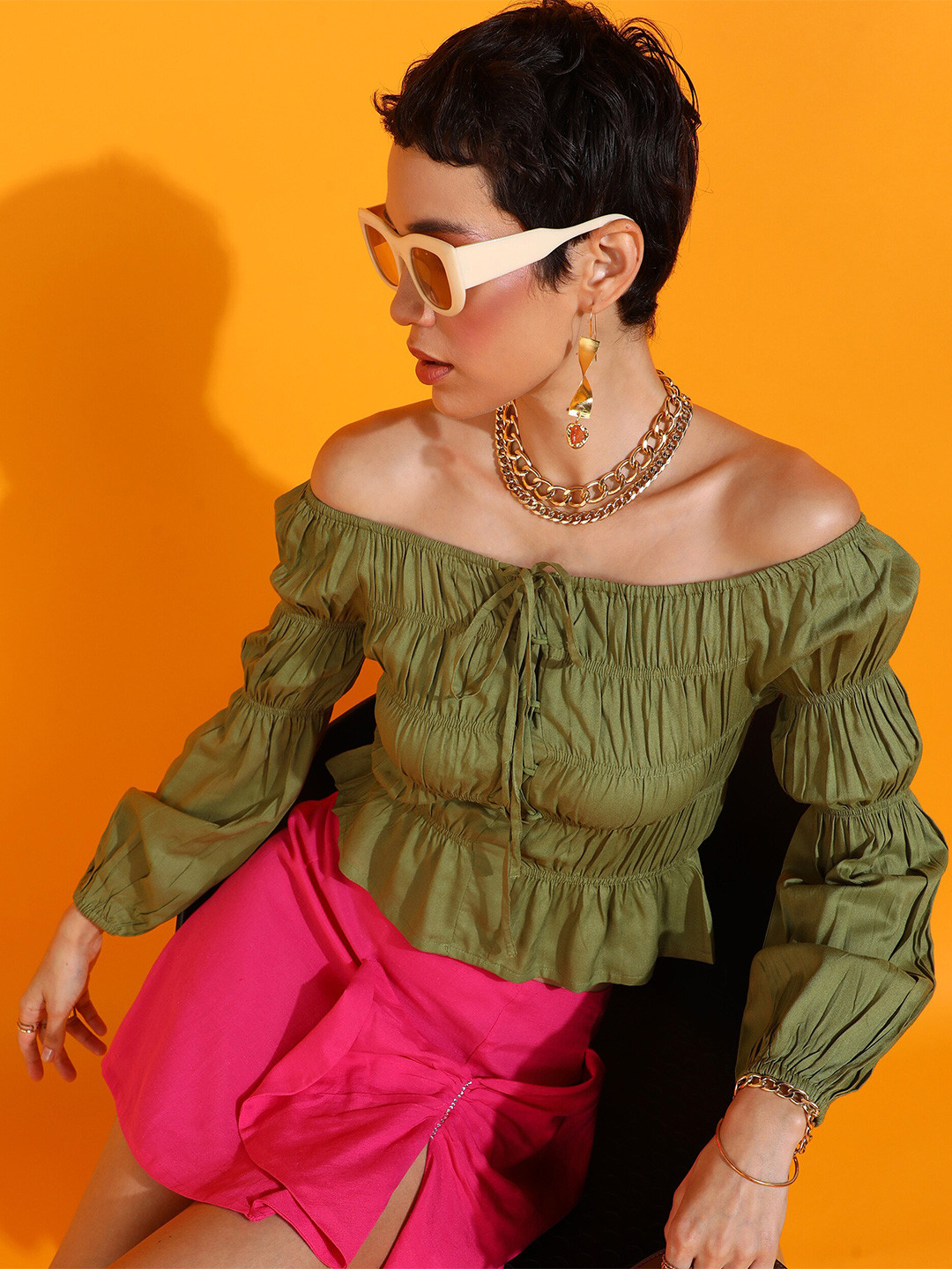 Fuchsia  Smoked Details Off-Shoulder Puff Sleeves Crop Blouson Top