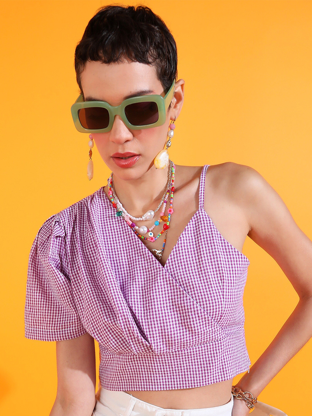 Fuchsia  Striped Cotton Wrap Crop Top