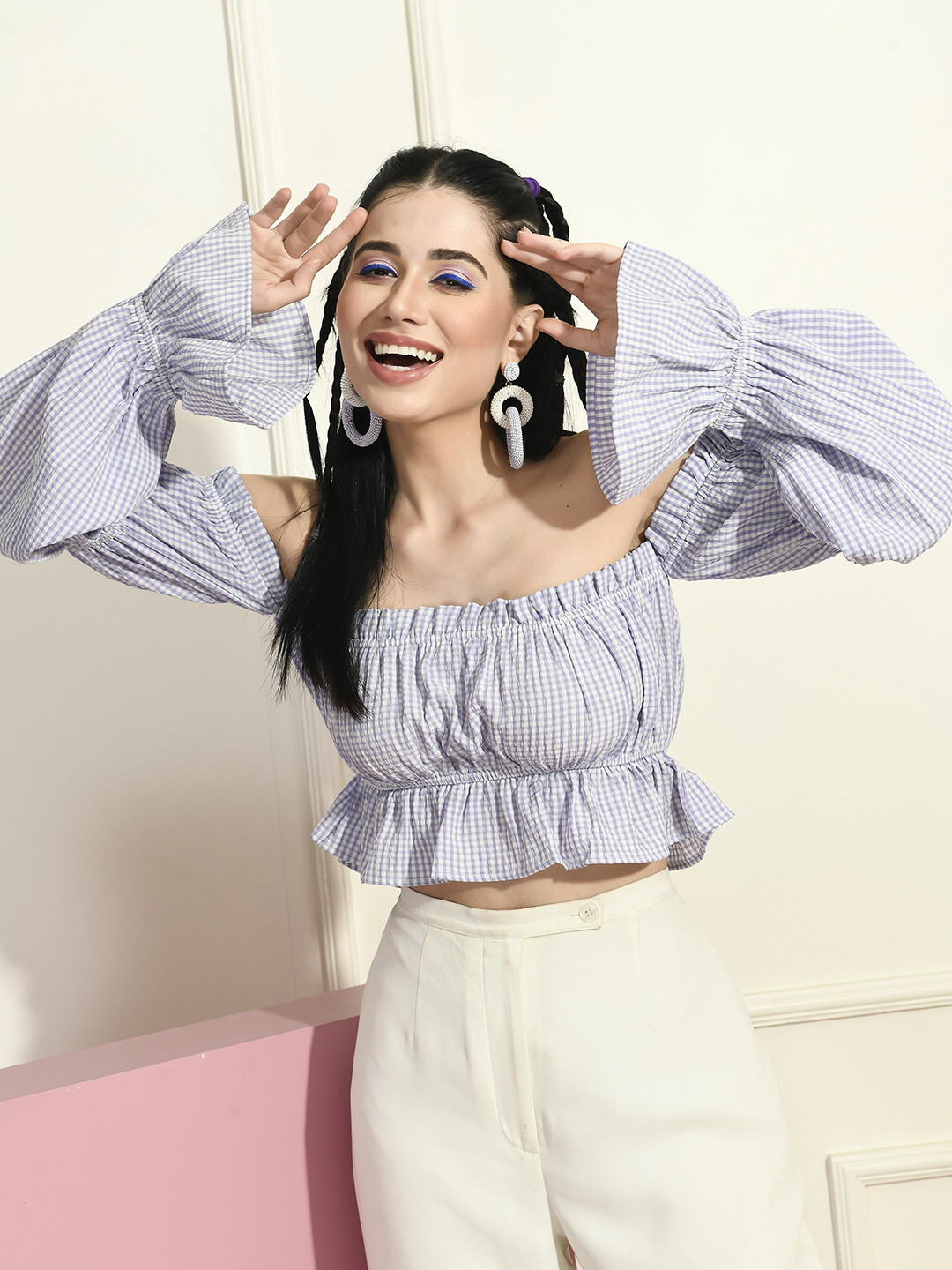 Fuchsia  Striped Puff Sleeve Cotton Blouson Crop Top