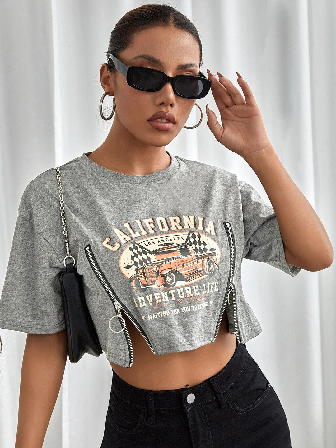 Stylecast X Slyck Typography Printed Zip Detail Pure Cotton Crop Top