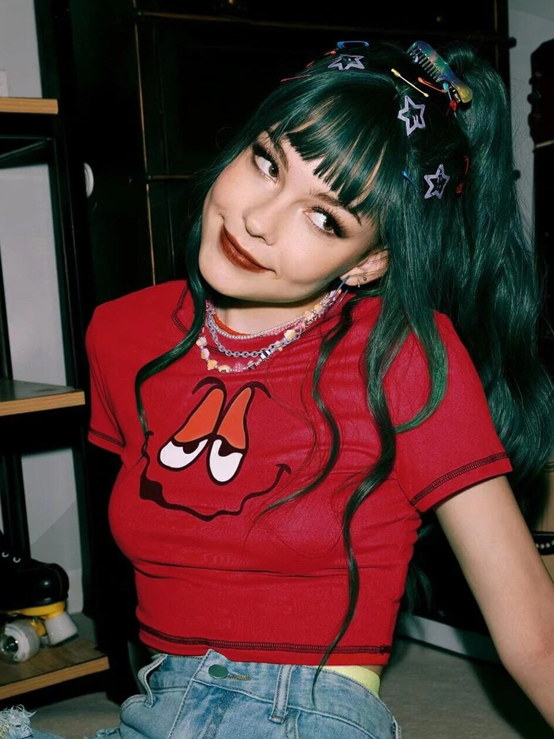 Stylecast X Slyck Red Graphic Round Neck Crop Top