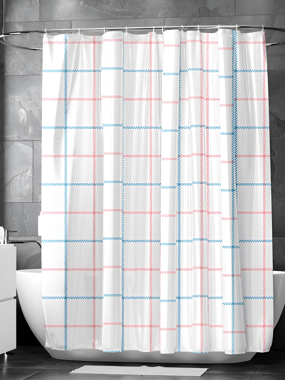 Encasa Homes White & Blue Printed Waterproof Shower Curtain