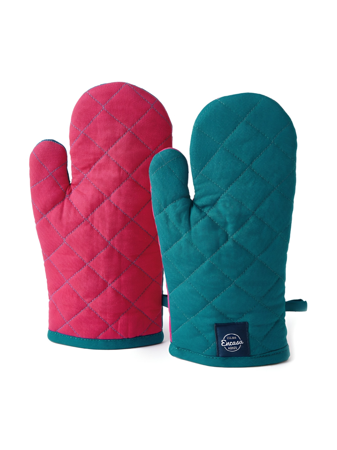 Encasa Homes 2 Pieces Teal Blue & Pink Quilted Cotton Oven Gloves
