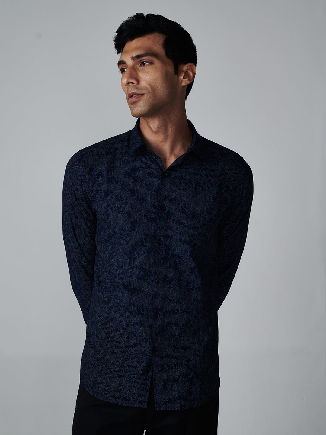 OFFCUTS Classic Floral Printed Cutaway Collar Cotton Linen Casual Shirt