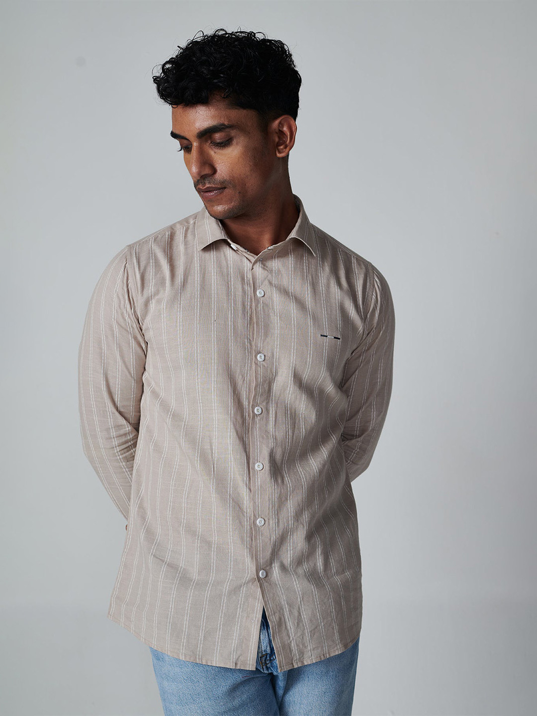 OFFCUTS Classic Vertical Striped Cutaway Collar Cotton Linen Casual Shirt