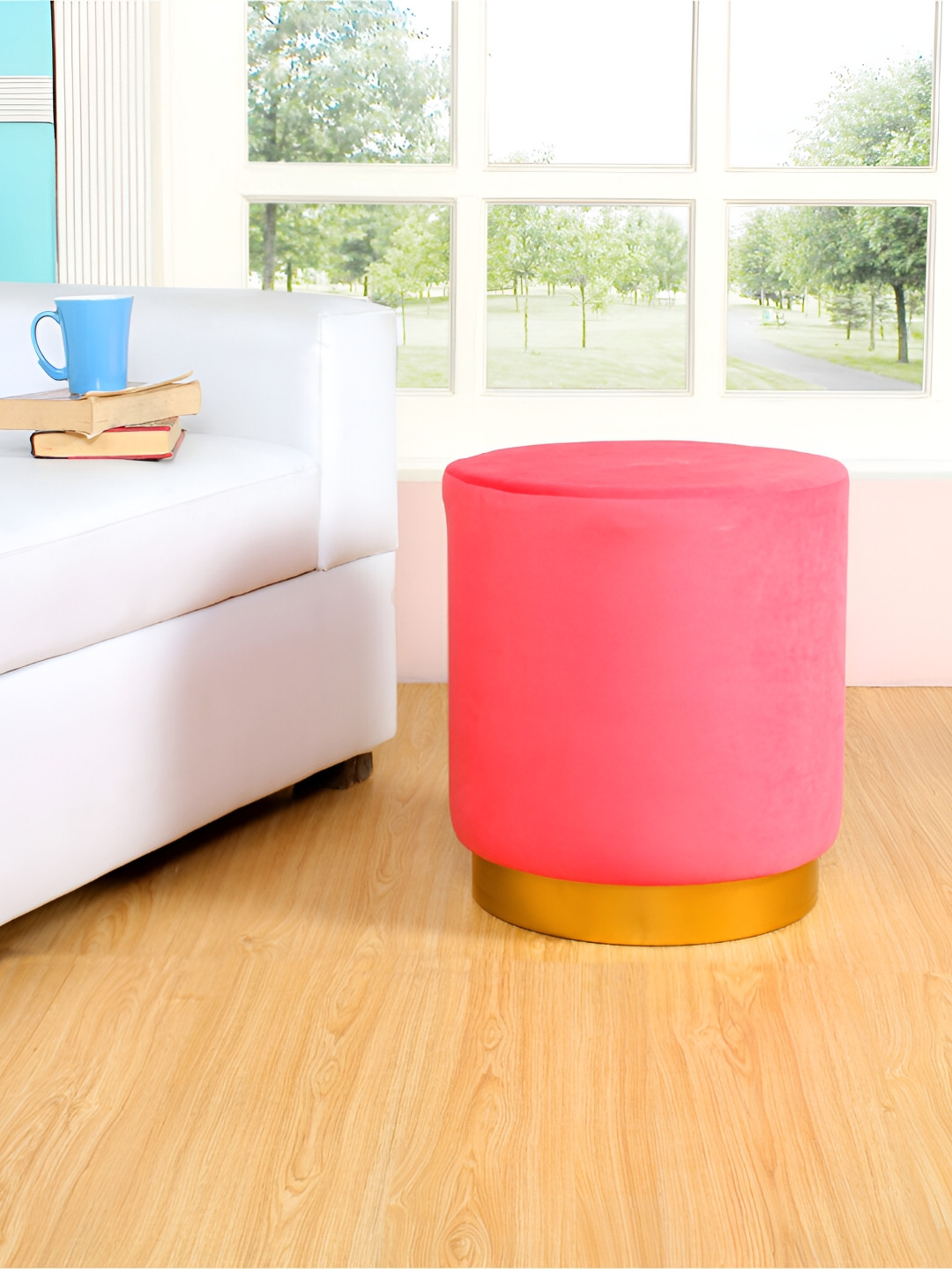 Shadowkart Pink & Gold Toned Cylindrical Shaped Wooden Pouffes Sitting Mudda Ottoman