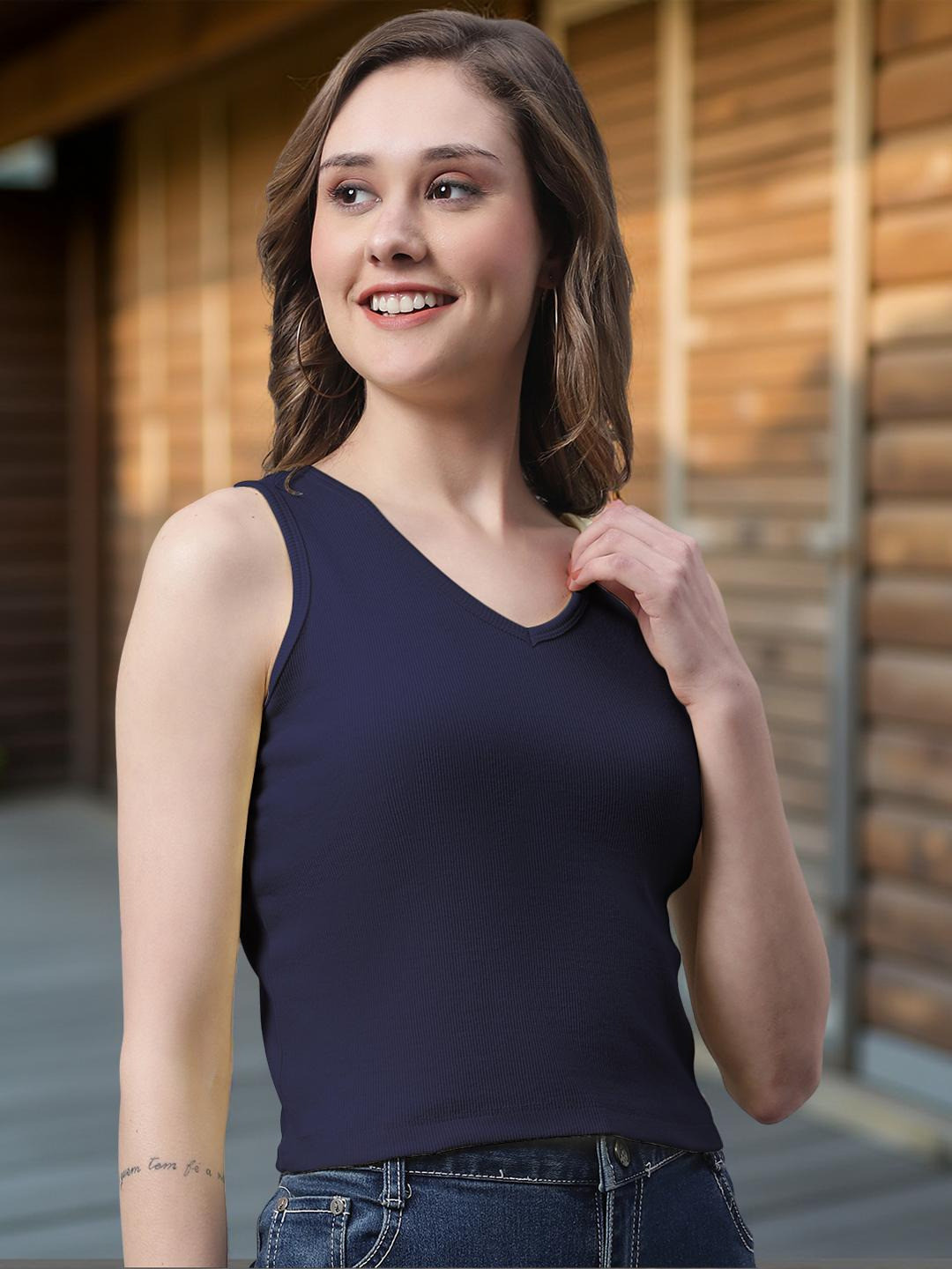 FBAR Women Solid Cotton V-Neck Sleeveless Cropped T-Shirt