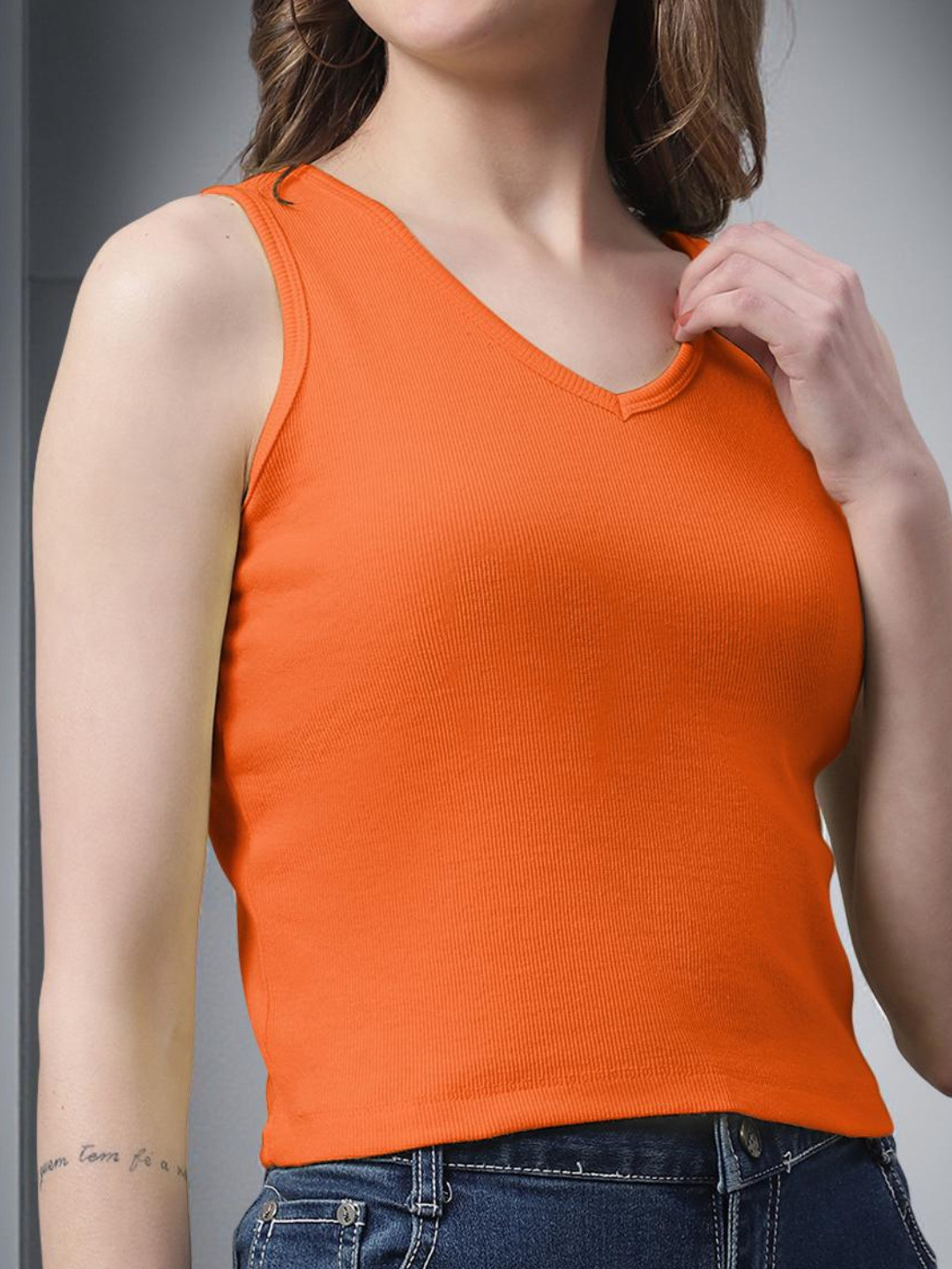 FBAR Women Solid Cotton V-Neck Sleeveless Cropped T-Shirt
