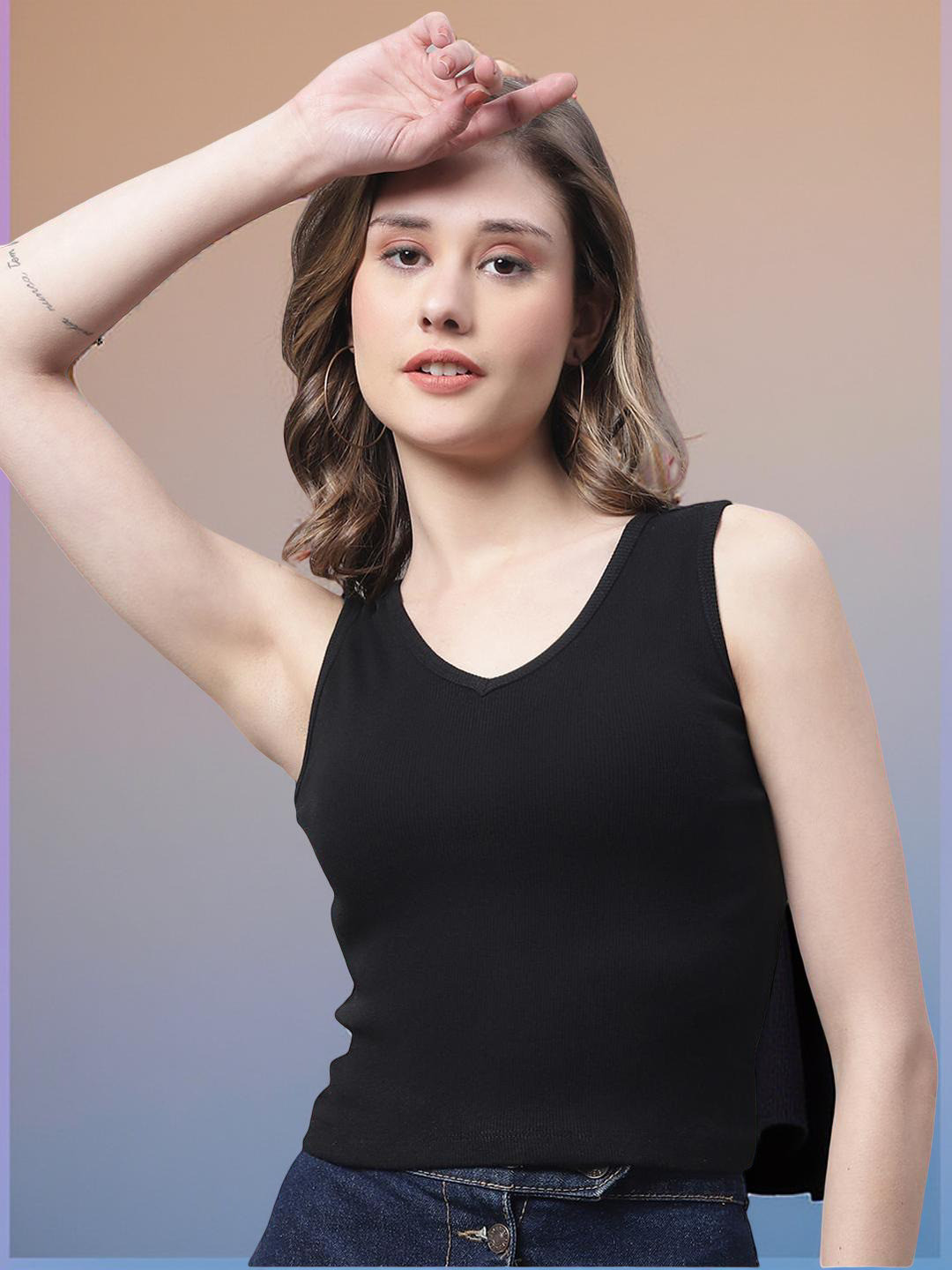 FBAR Women Solid Cotton V-Neck Sleeveless Cropped T-Shirt