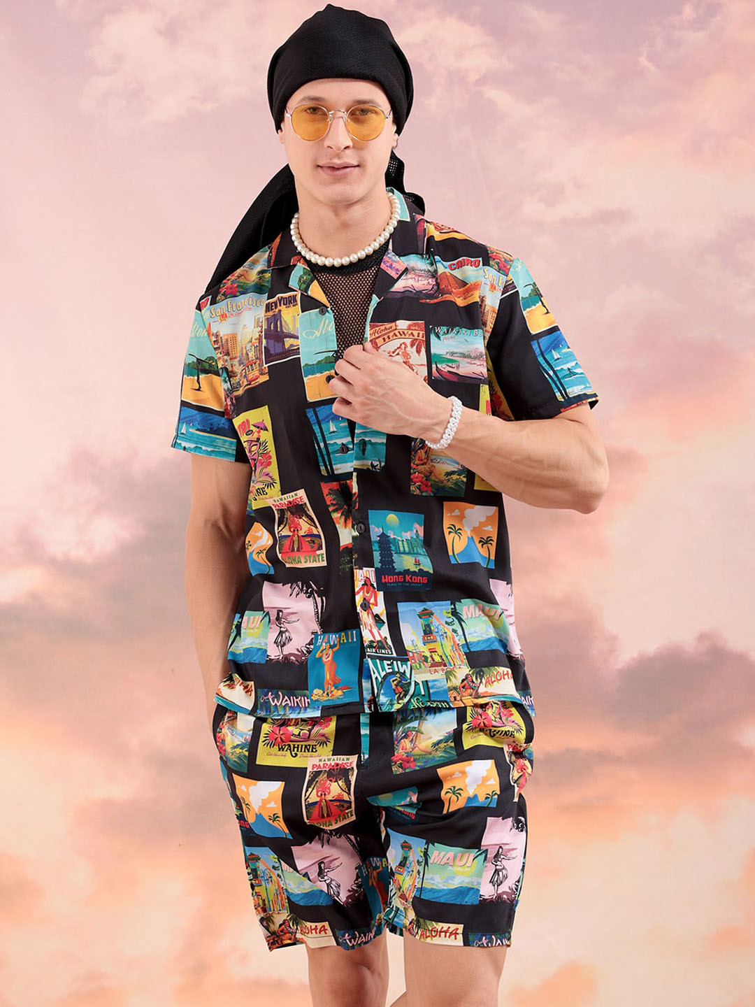 The Indian Garage Co Graphic Printed Cuban Collar Shirt With Shorts