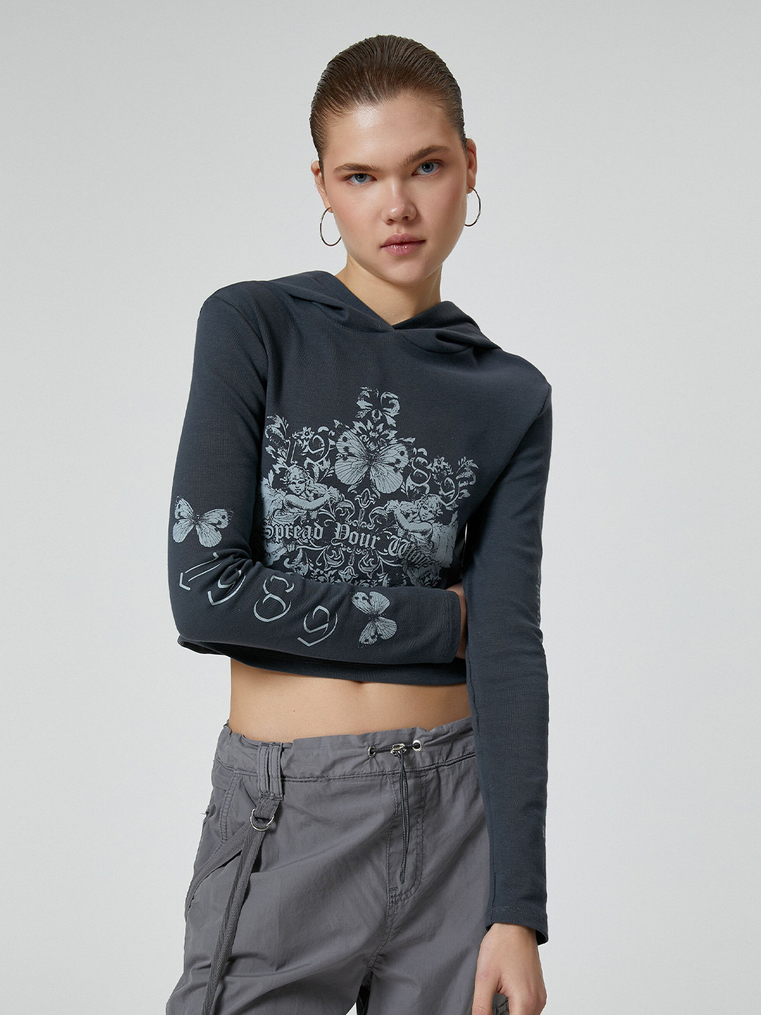 Koton Graphic Printed Hooded Crop Casual T-shirt