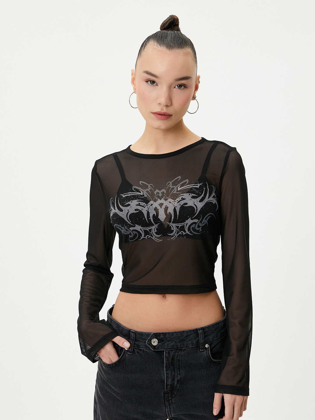 Koton Graphic Printed Semi Sheer Long Sleeves Crop T-shirt