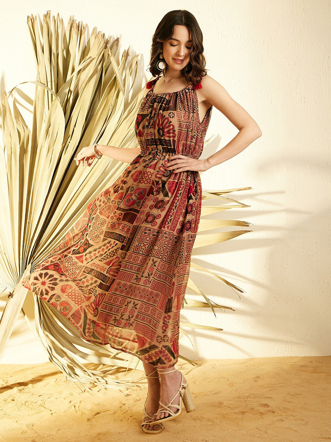 StyleStone Brown Ethnic Print Chiffon Maxi Dress