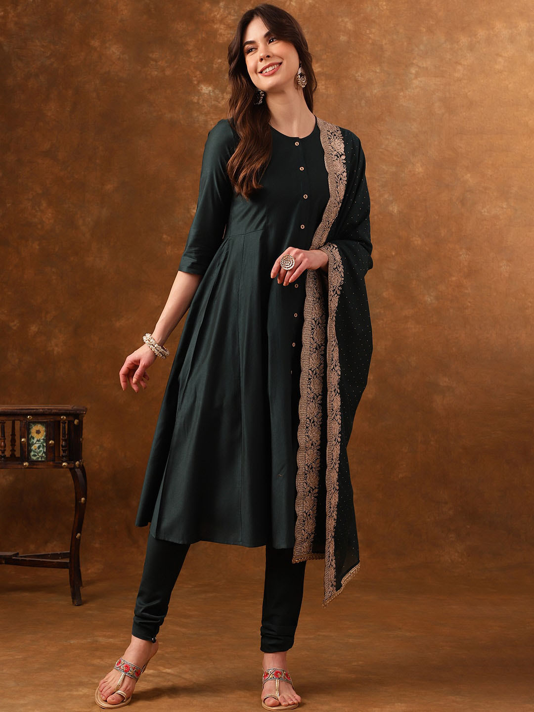 Anouk Green Round Neck A-Line Thread Work Kurta With Churidar & Dupatta