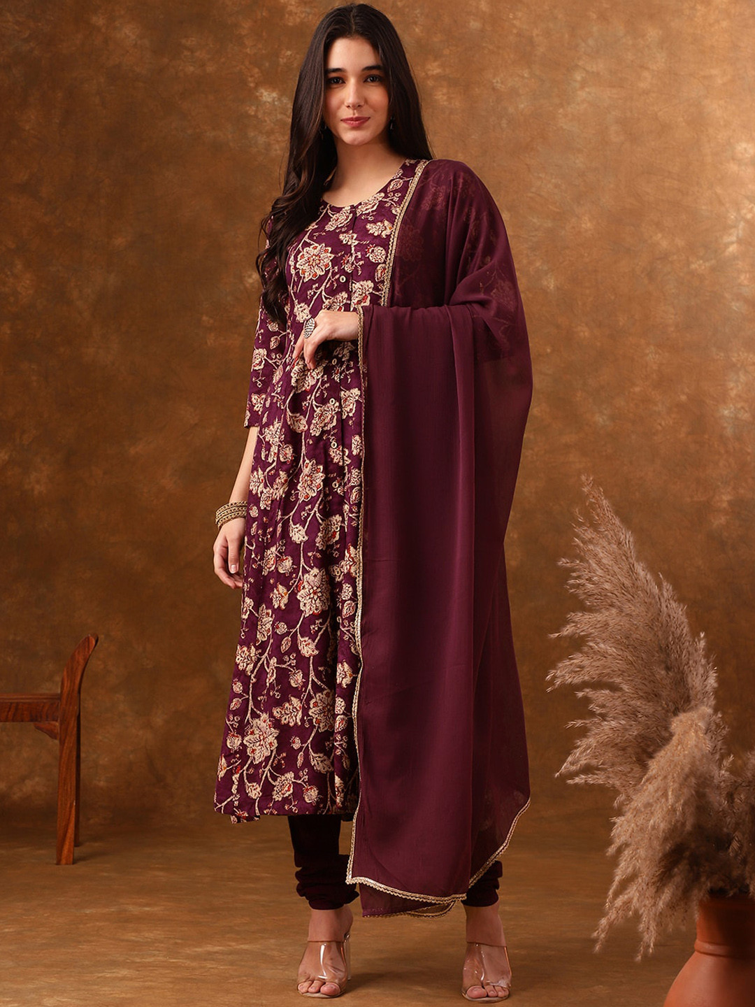 Anouk Violet Floral Printed Regular Gotta Patti Kurta With Churidar & Dupatta