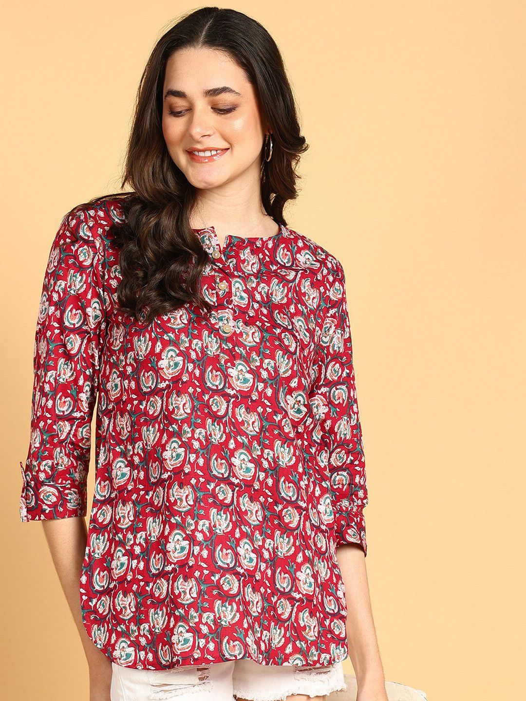 JAIPURFAME Floral Print Round Neck Cotton Top
