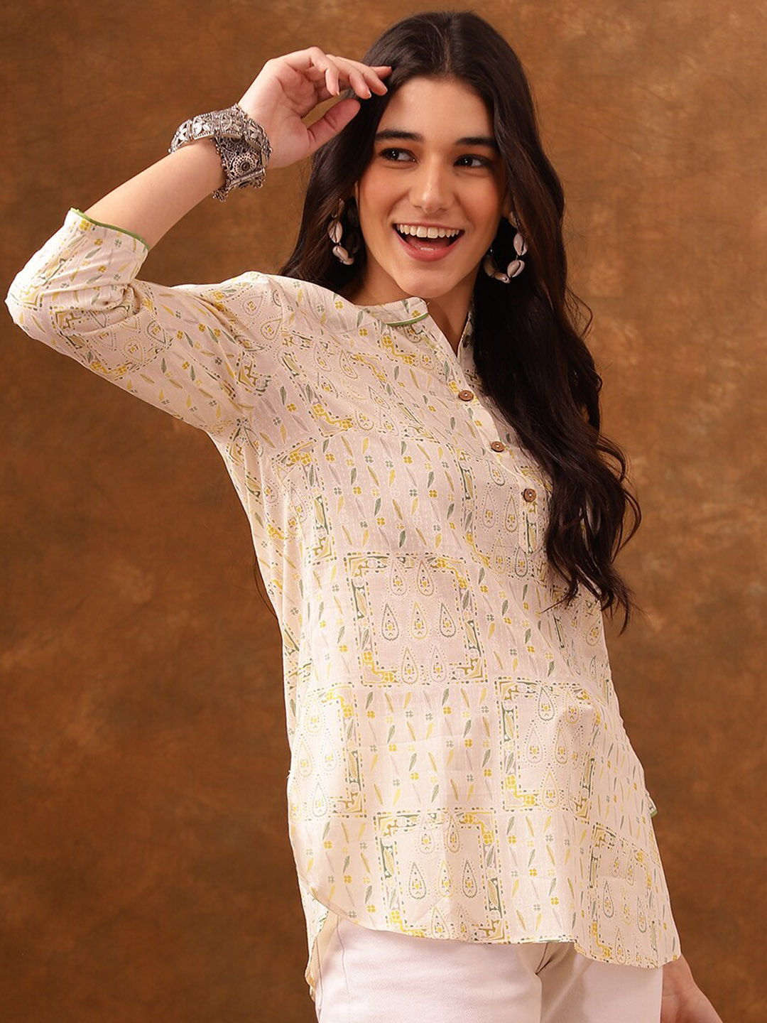 Anouk Cream Coloured Ethnic Motifs Printed Mandarin Collar Straight Kurta