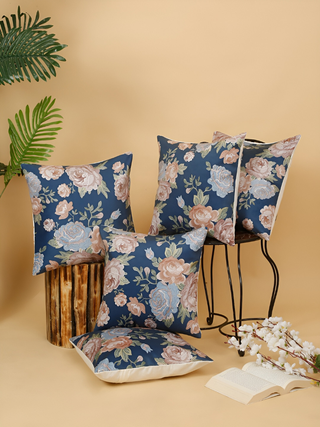 Aura Lint-Free & Embroidered Floral Velvet Durable 5 Pcs Square Cushion Covers -16x16In