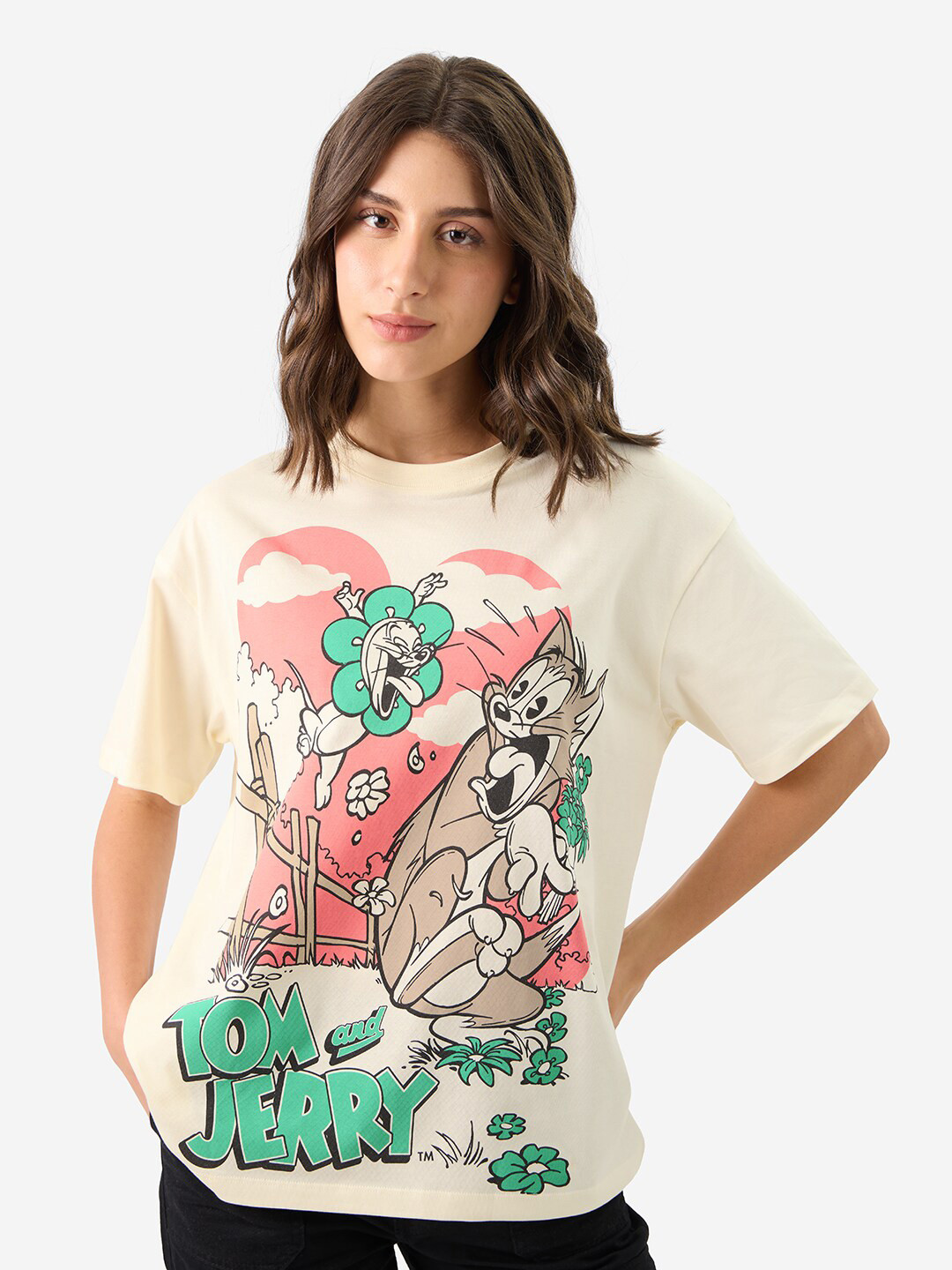The Souled Store Off White Tom & Jerry Print Drop-Shoulder Sleeve Cotton Oversized T-shirt
