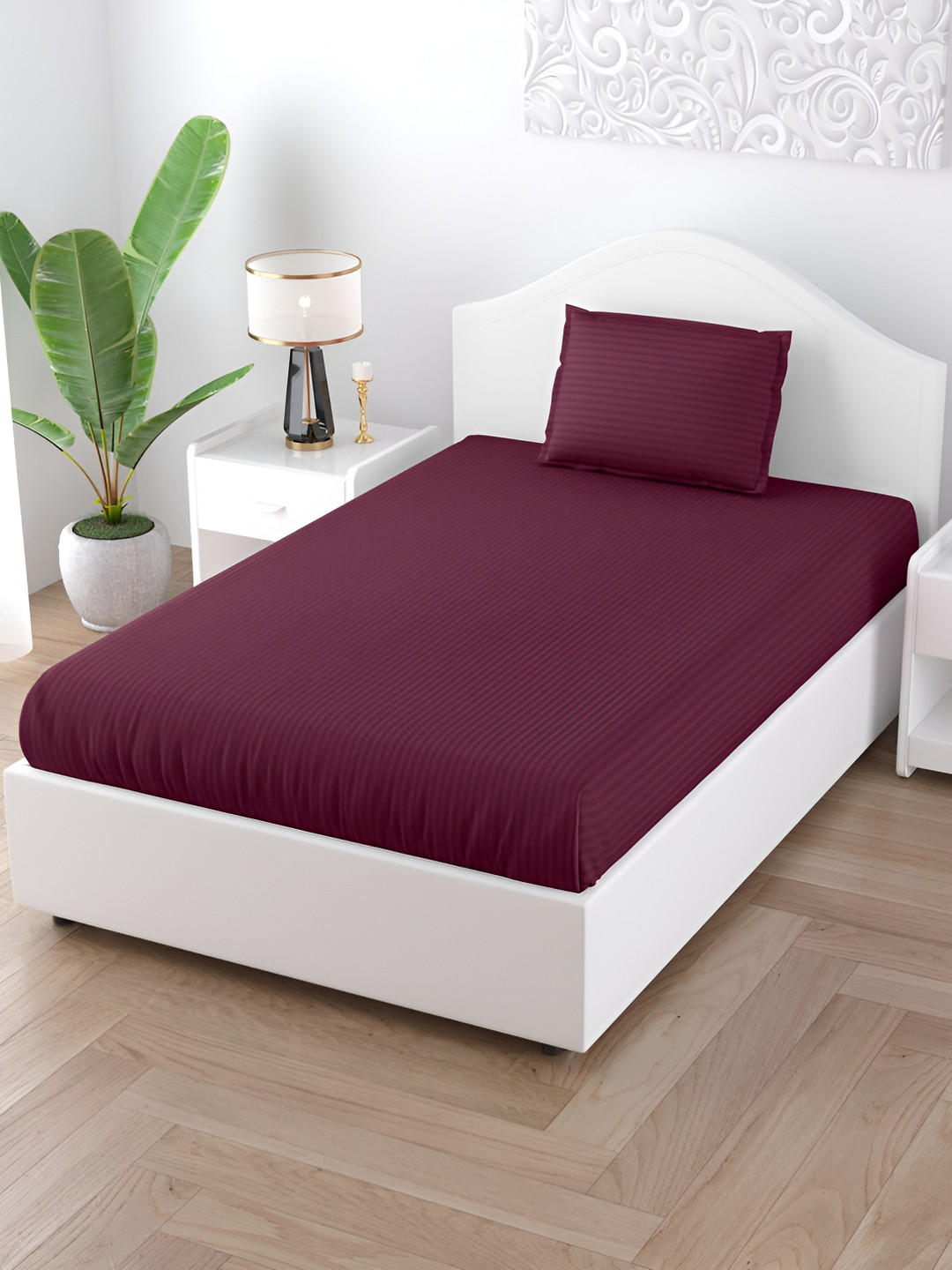 JAIPUR FABRIC Pretty Purple Striped Satin 150 TC Single Bedsheet with a Pillow Cover-90 x 60 inches