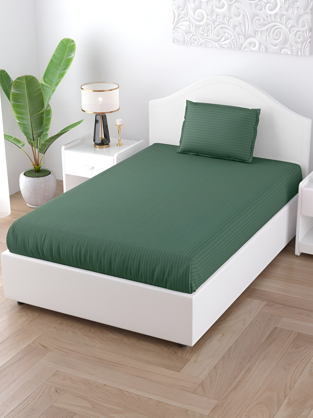JAIPUR FABRIC Green Striped 150 TC Single Bedsheet with 1 Pillow Cover