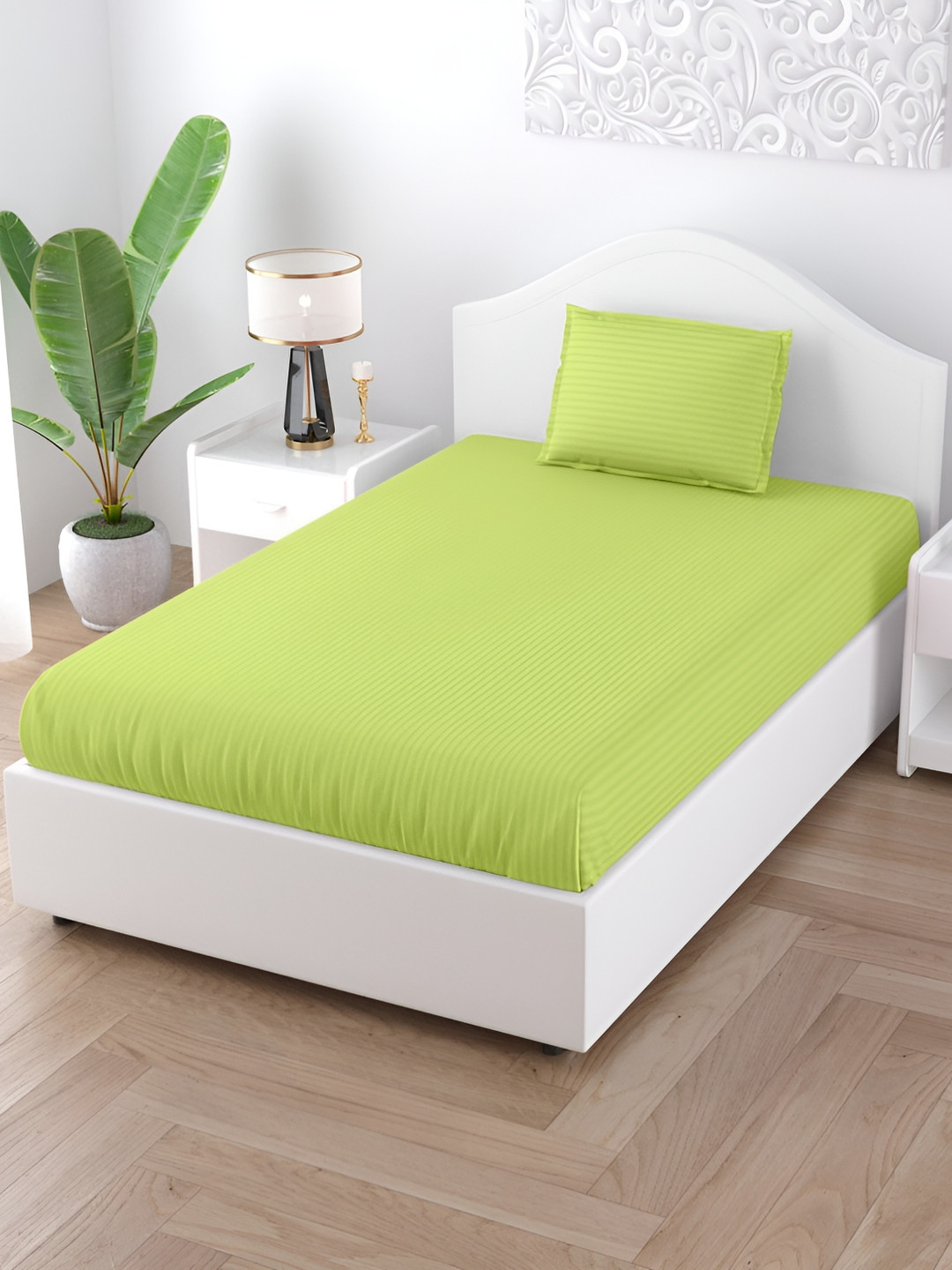 JAIPUR FABRIC Green Striped Cotton 150 TC Single Bedsheet with a Pillow Cover-228 x 152 cm