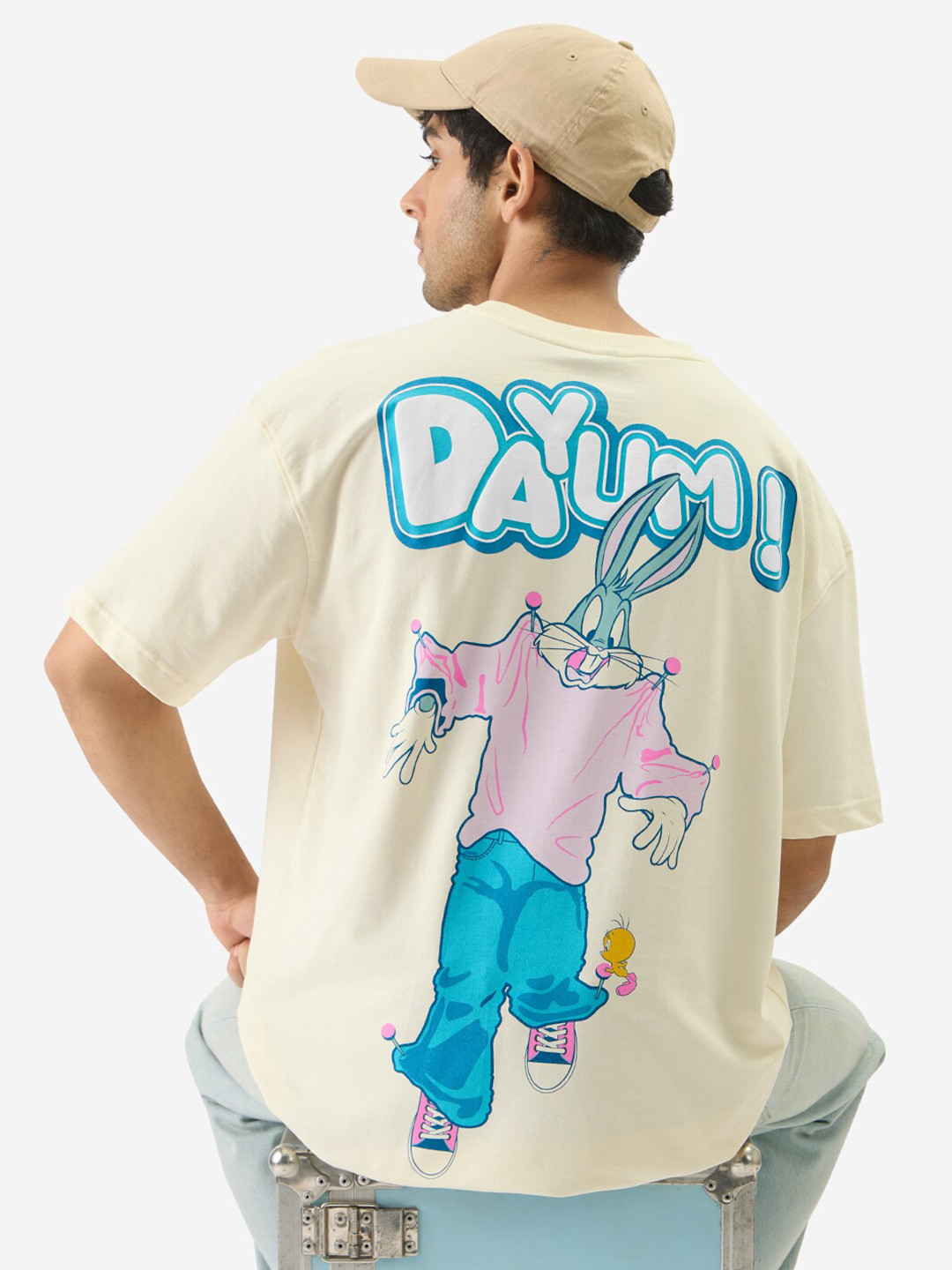 The Souled Store Off White Bugs Bunny Print Drop-Shoulder Sleeves Cotton Oversized T-shirt