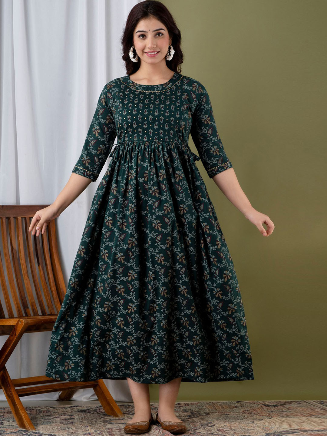 JAIPURFAME Floral Printed Cotton Maternity Feeding Fit & Flare Midi Ethnic Dress